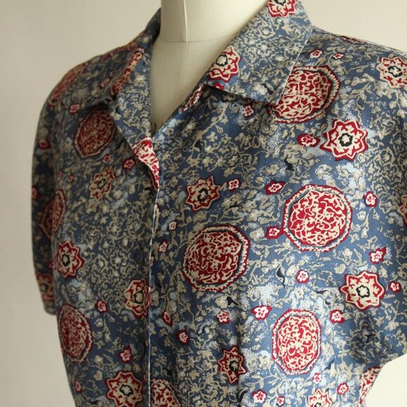 Vintage 1990s 2000s Silk Blouse, First Edition by Liz Claiborne Blue Red and Tan - Picture 8 of 10